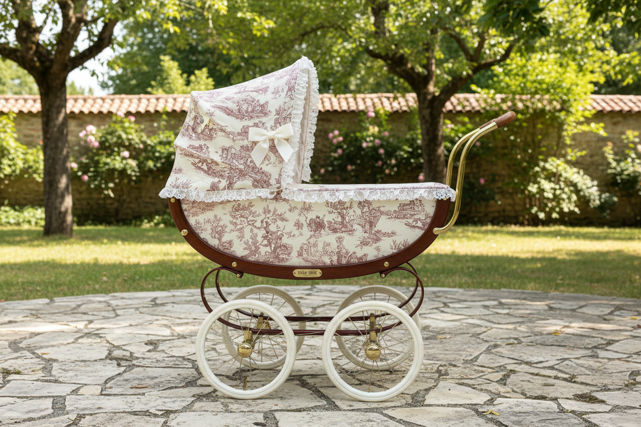 Landeau vintage bébé en Toile de Jouy rouge sur fond écru
