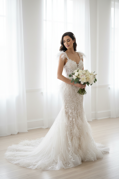 Mariée brune en robe de dentelle ivoire perlée ornée de plumes sur tulle – élégance nuptiale