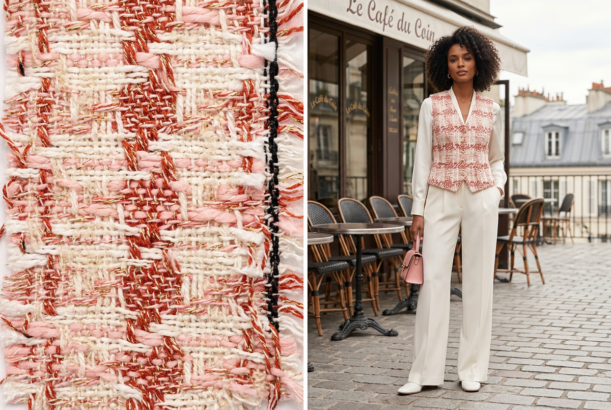 Inspiration IA de gilet en tweed rose et pantalon ivoire. / AI pink tweed waistcoat and ivory trousers inspiration.