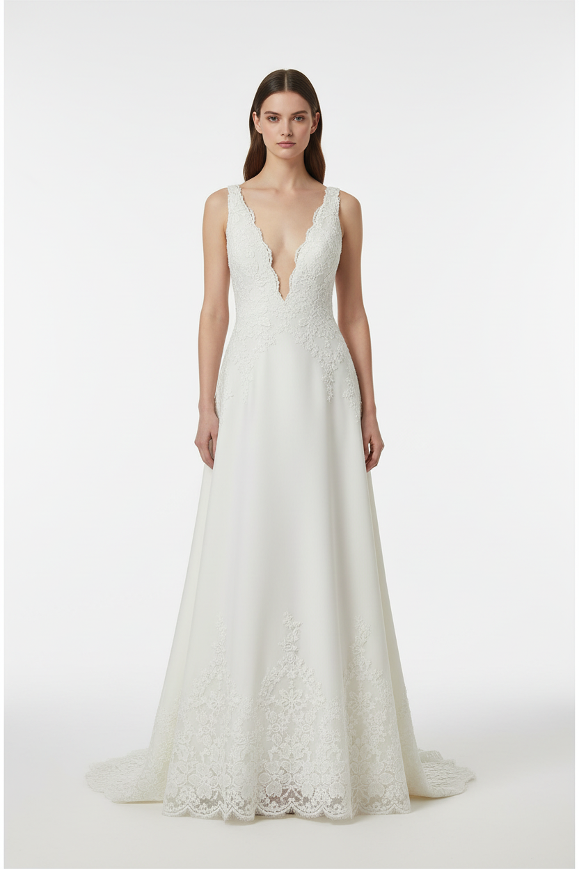 Robe avec dentelle brodée blanche sur tulle 8cm - mariage haute couture