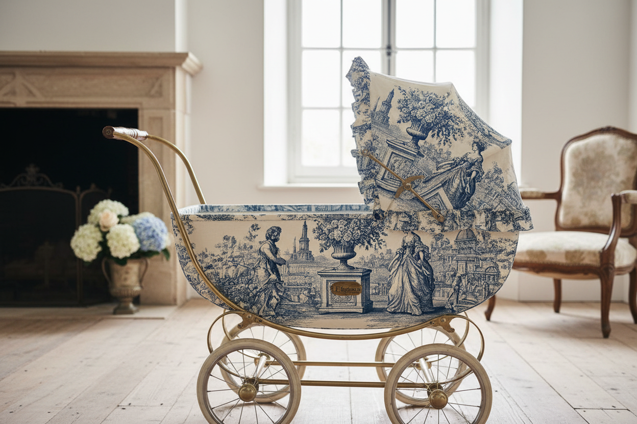 Landeau vintage bébé en Toile de Jouy bleu indigo