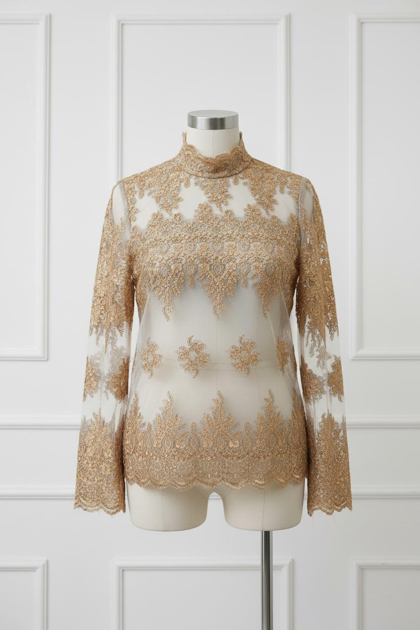 Top dentelle brodée dorée or sur tulle - tissu haute couture fils dorés