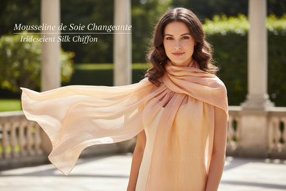 Mousseline de Soie Changeante Pêche et Jaune 145 cm - Haute Couture