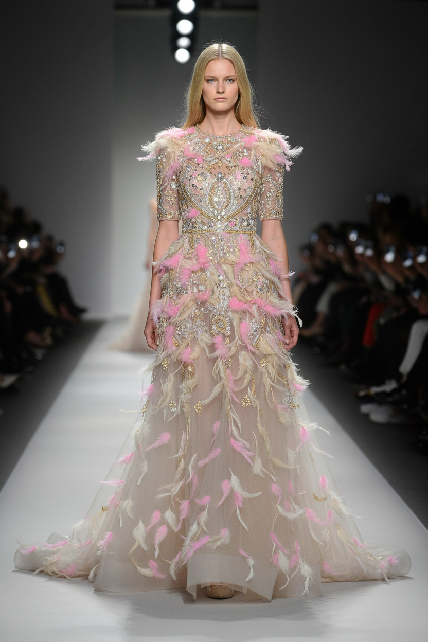 Mannequin blonde en robe haute couture perlage doré et plumes roses éparpillées – défilé Paris