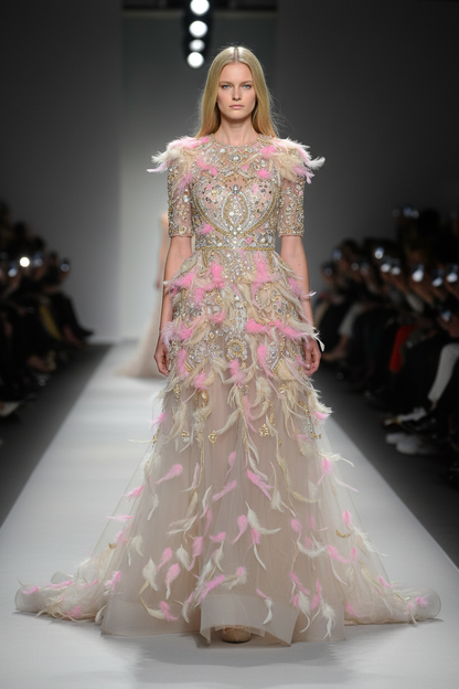 Mannequin blonde en robe haute couture perlage doré et plumes roses éparpillées – défilé Paris