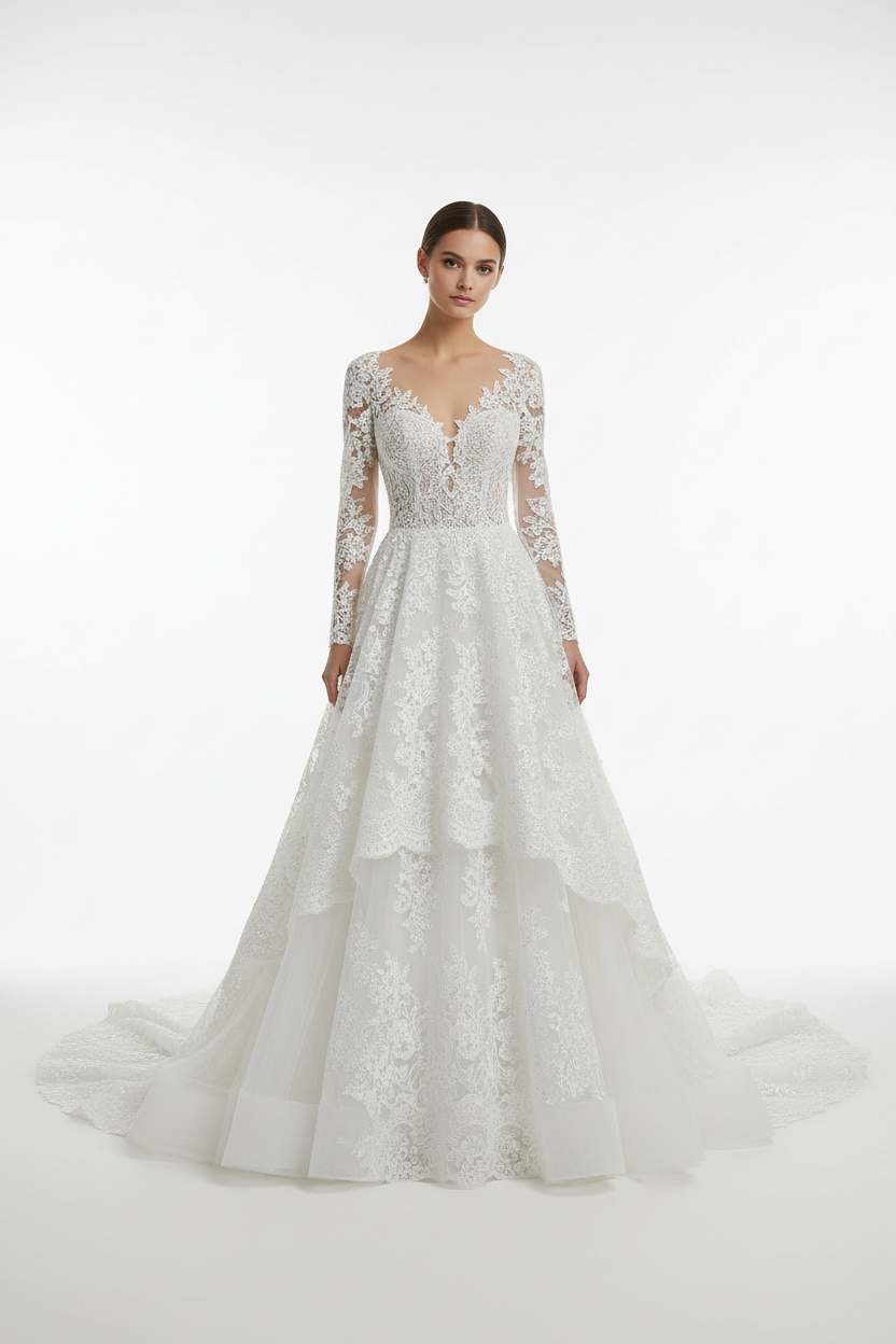 Robe de mariée en dentelle brodée blanche 150cm - création haute couture mariage