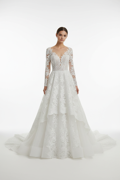 Robe de mariée en dentelle brodée blanche 150cm - création haute couture mariage