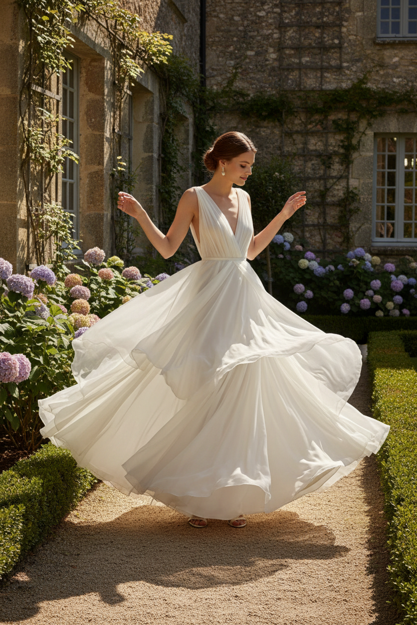 Robe évasée en mousseline de soie ivoire, coupe A-line fluide — Ivory silk chiffon flared A-line dress