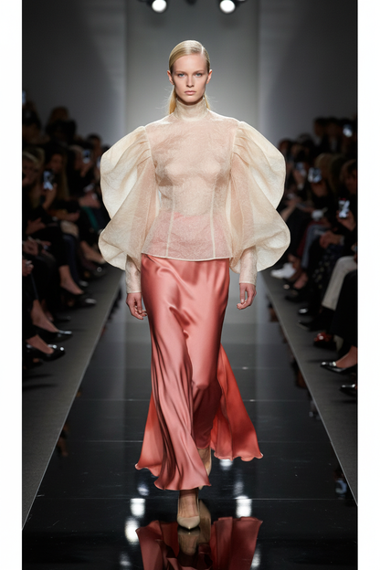 Défilé haute couture - chemisier et jupe en organza de soie froissé saumon