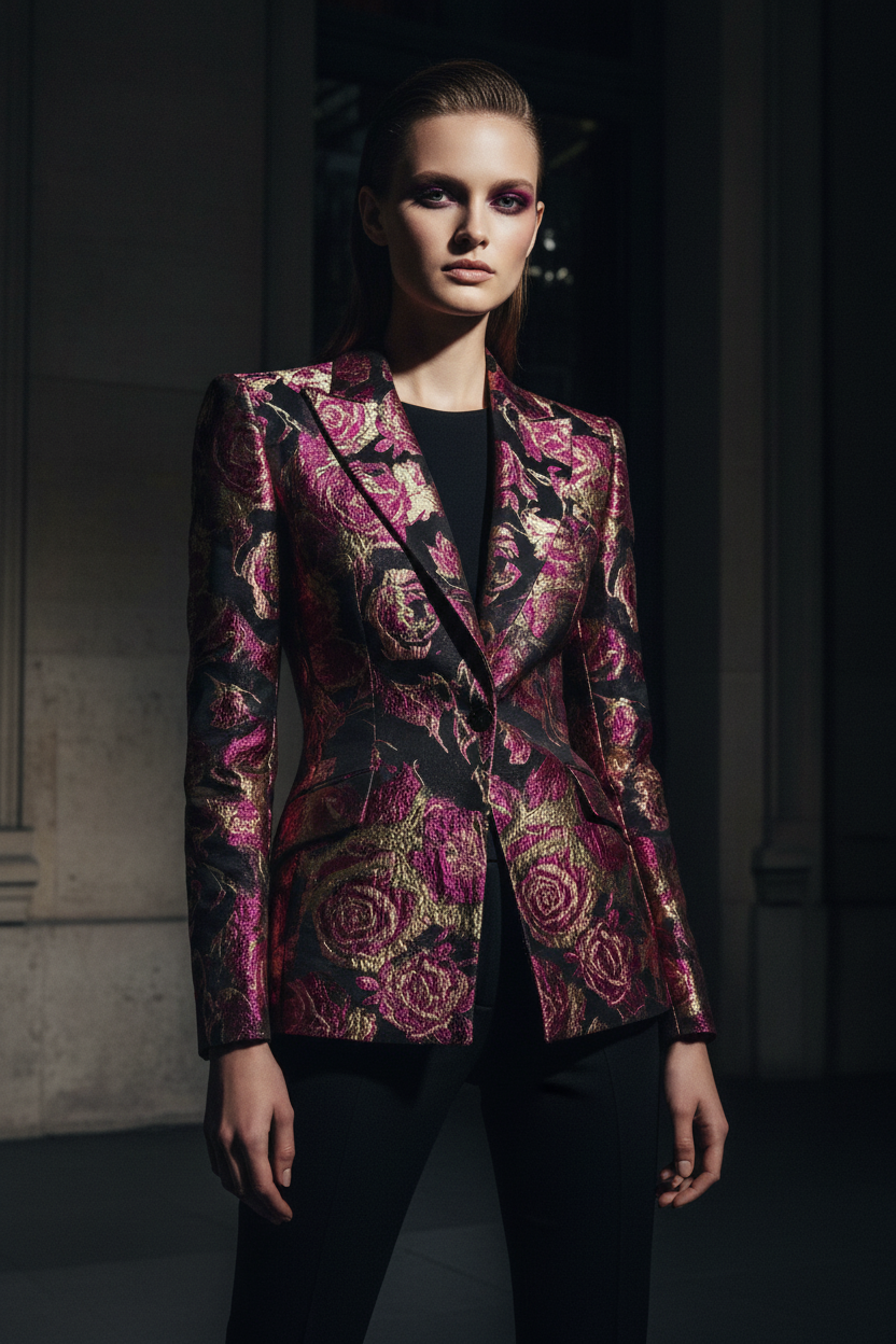 Modèle portant un blazer en brocart floqué roses fuchsia et or sur fond noir