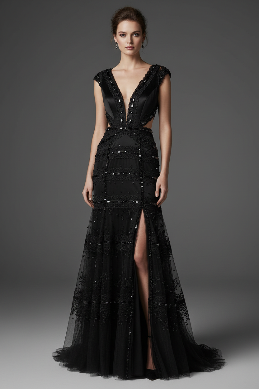 Robe noire avec dentelle perlé noir sur tulle - élégance raffinée