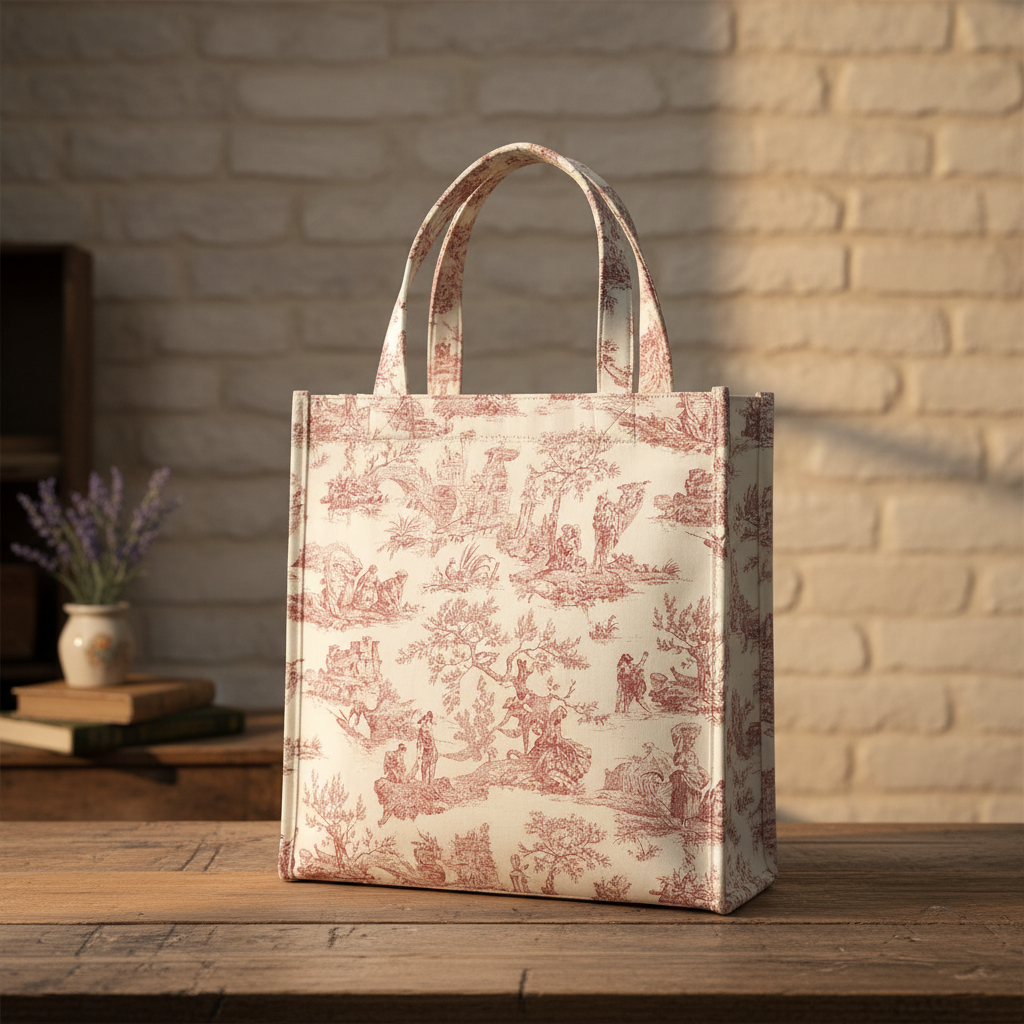 Sac cabas en Toile de Jouy rouge sur fond écru