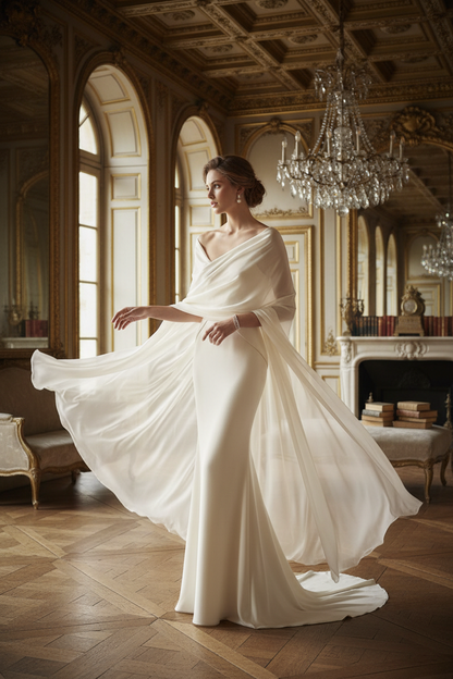 Étole en mousseline de soie ivoire drapée sur les épaules — Ivory silk chiffon stole draped over shoulders