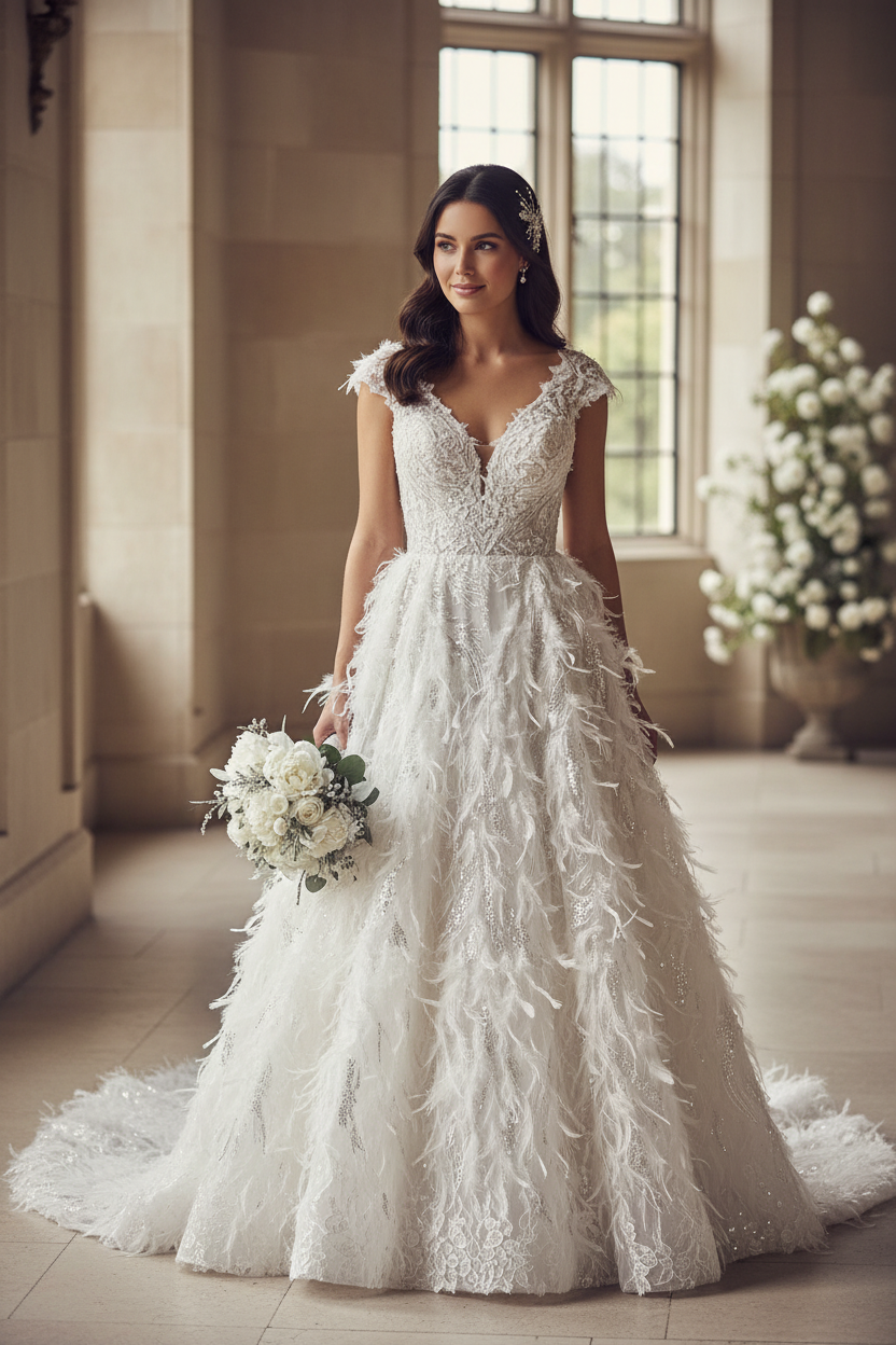 Mariée brune en robe romantique de dentelle ivoire plumes et perles sur tulle