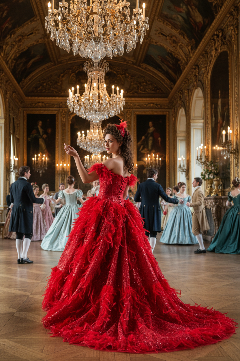 Robe rouge dentelle plumes bal château - Red lace feather gown French château ball