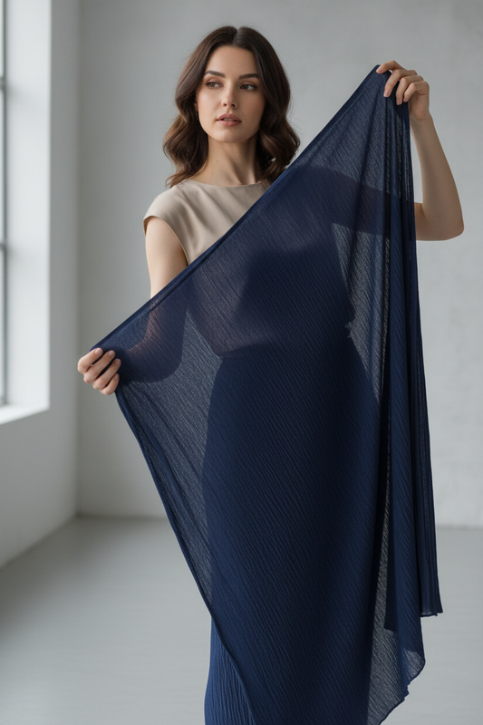 Femme présentant le tissu plissé coton marine