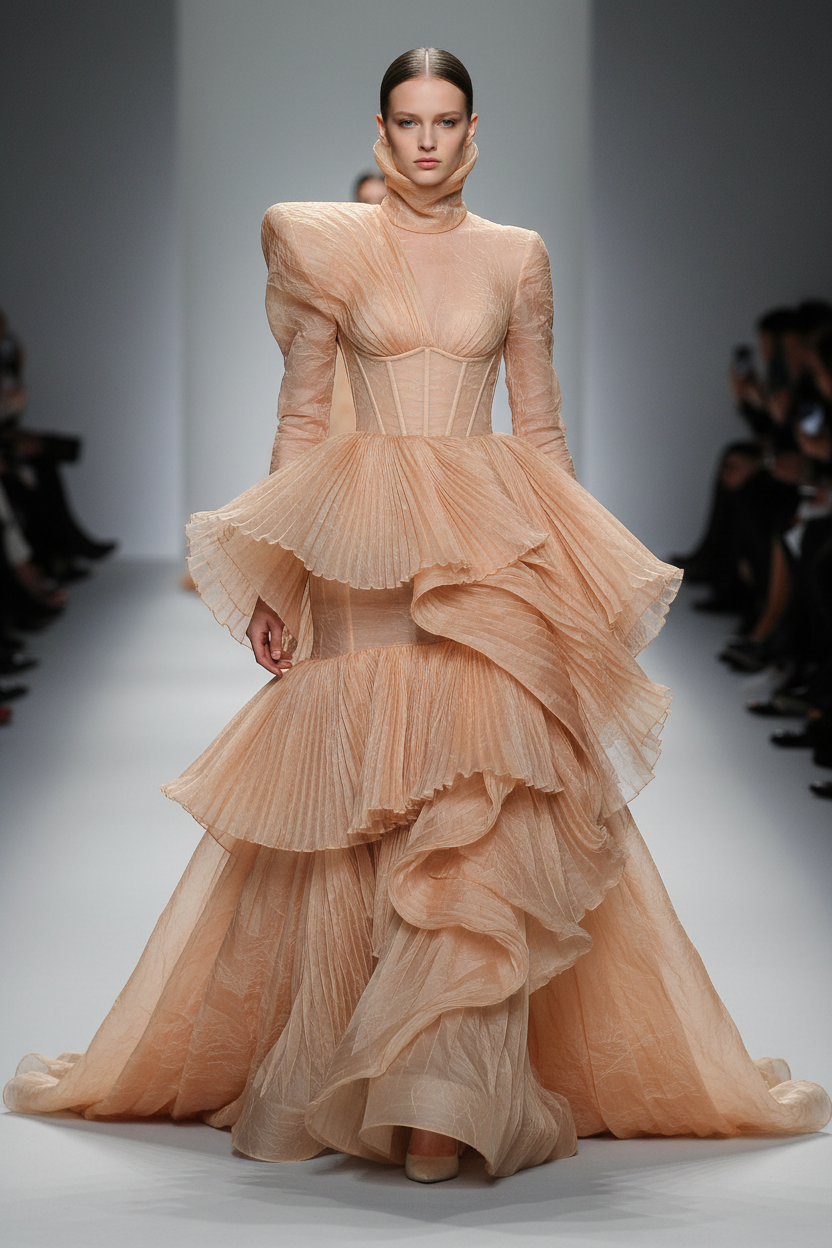 Robe haute couture architecturale en organza de soie froissé saumon