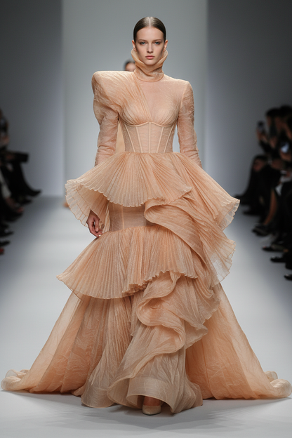 Robe haute couture architecturale en organza de soie froissé saumon