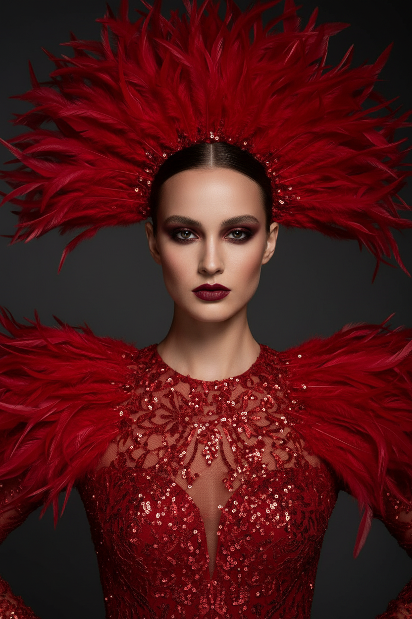 Portrait modèle robe rouge plumes sequins haute couture - Red feather sequin haute couture gown portrait