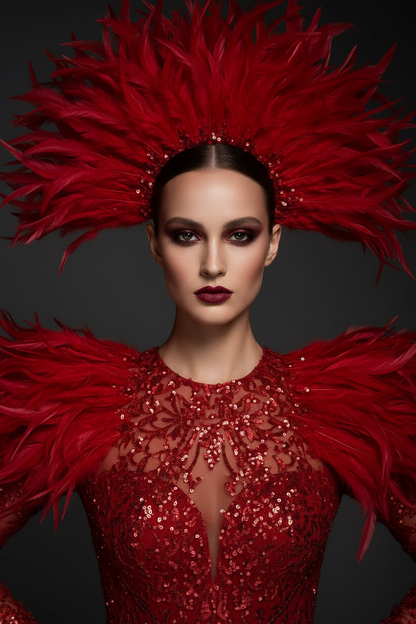 Portrait modèle robe rouge plumes sequins haute couture - Red feather sequin haute couture gown portrait
