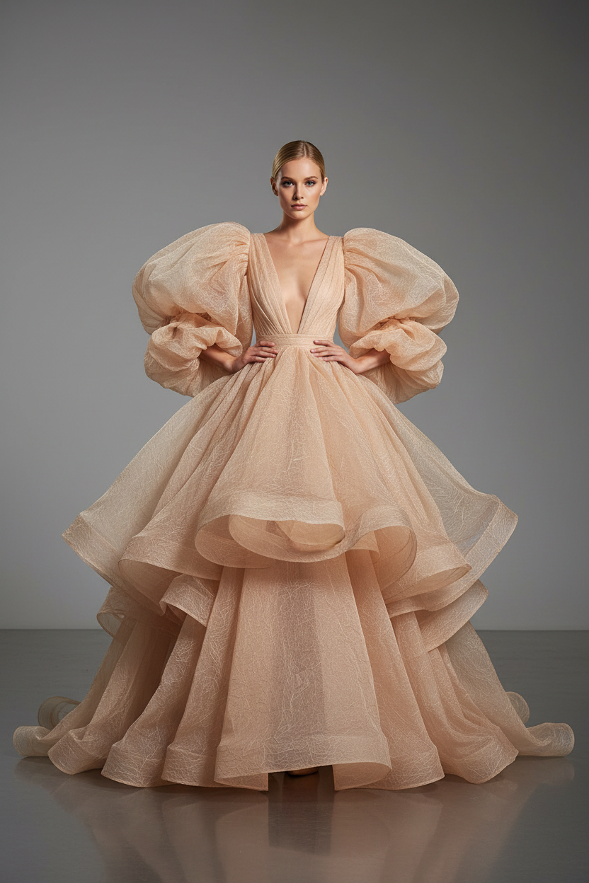 Robe échancrée et bouffante en organza de soie froissé saumon