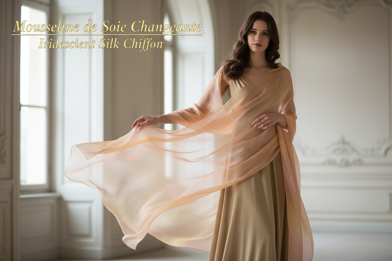 Mousseline de Soie Changeante Pêche et Jaune 145 cm - Haute Couture