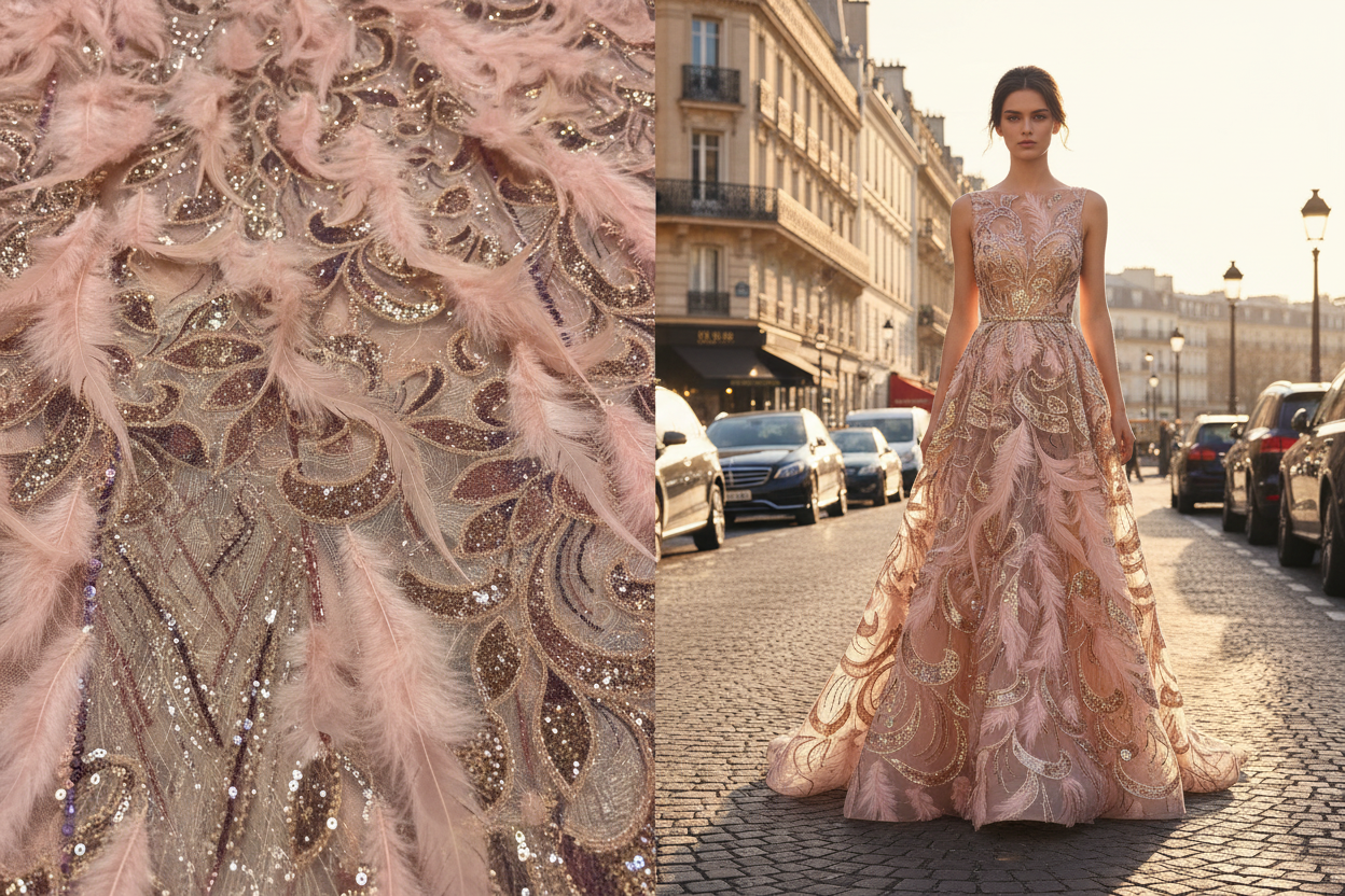 Tissu haute couture plumes rosées et perlage doré à côté d'une robe – composition éditoriale