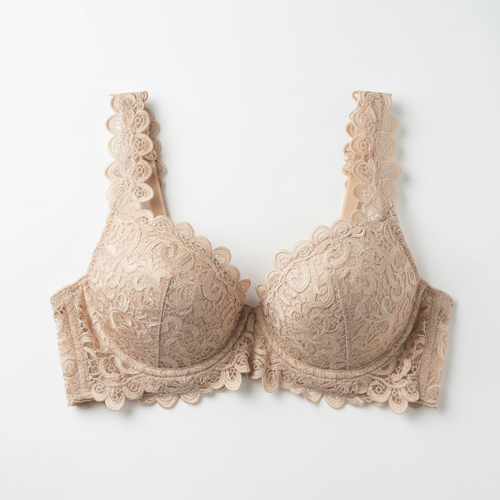 Soutien-gorge en dentelle guipure festonnée beige nude