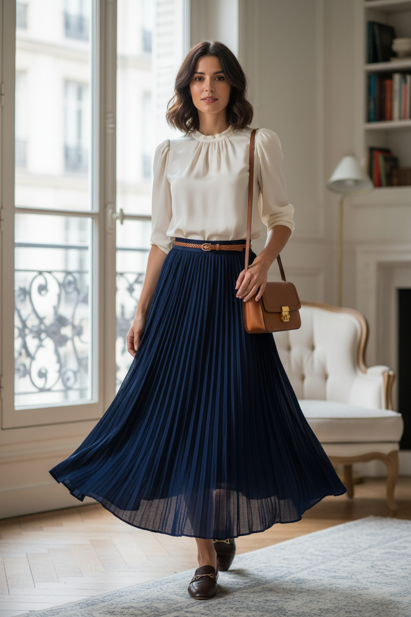 Femme brune en jupe longue plissée coton marine
