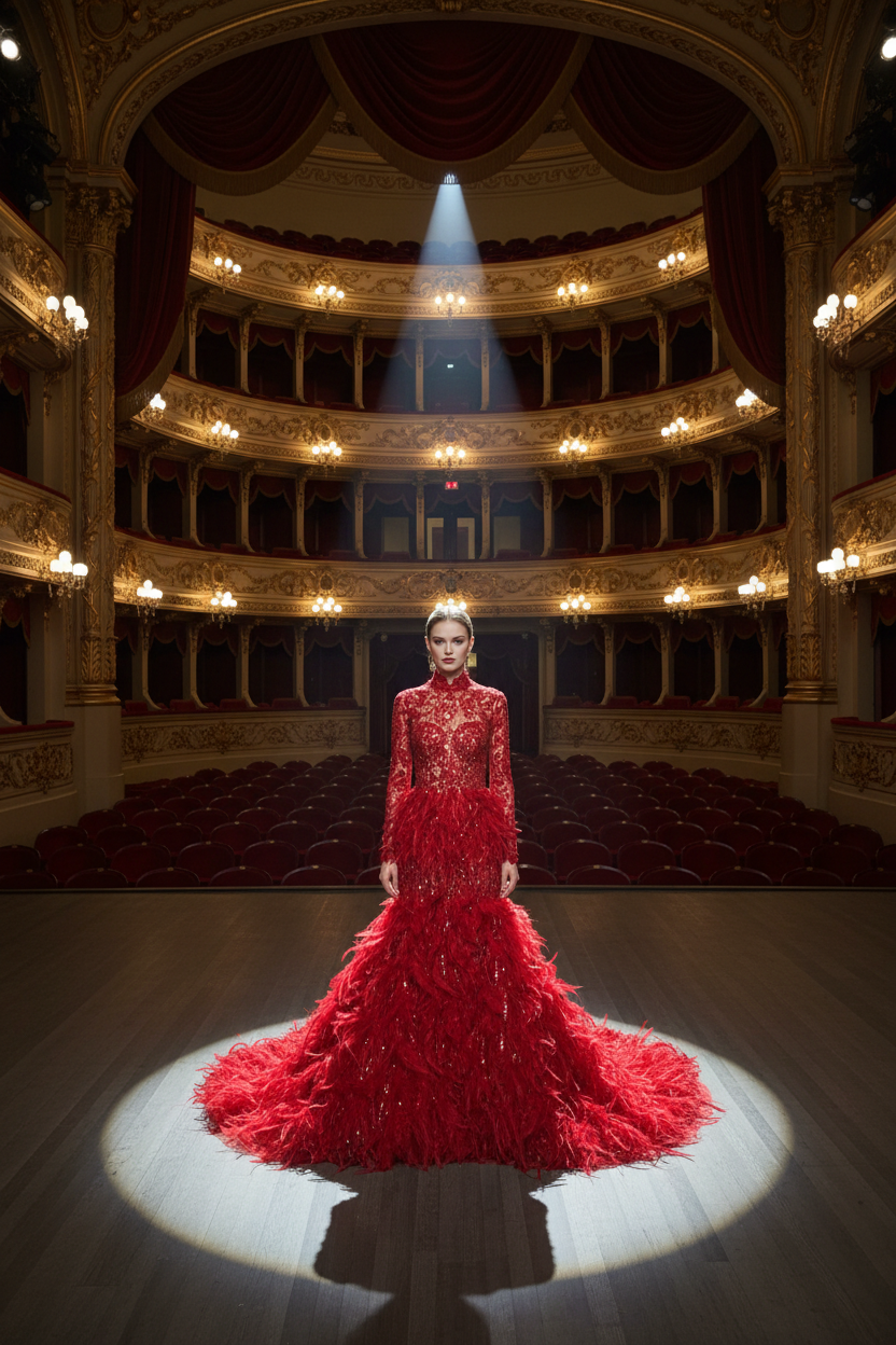 Robe rouge dentelle plumes sequins scène opéra - Red lace feather sequin gown opera stage