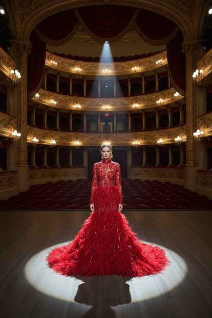 Robe rouge dentelle plumes sequins scène opéra - Red lace feather sequin gown opera stage
