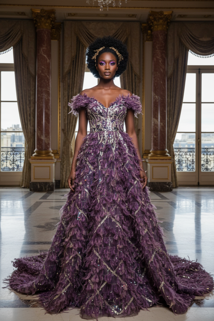Jeune femme noire en robe haute couture tulle violet plumes mauves – intérieur parisien / Young Black woman in purple feathered tulle gown – Parisian interior