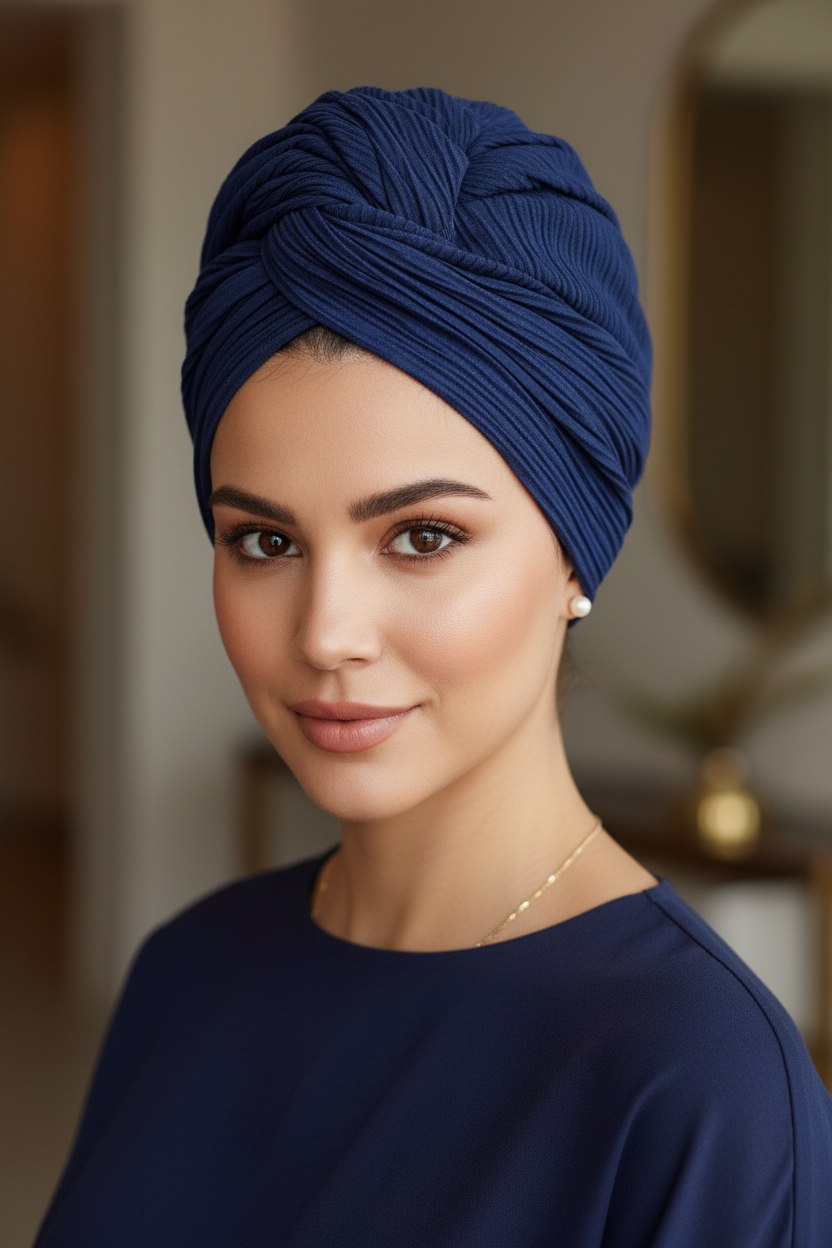 Femme brune en turban plissé coton marine