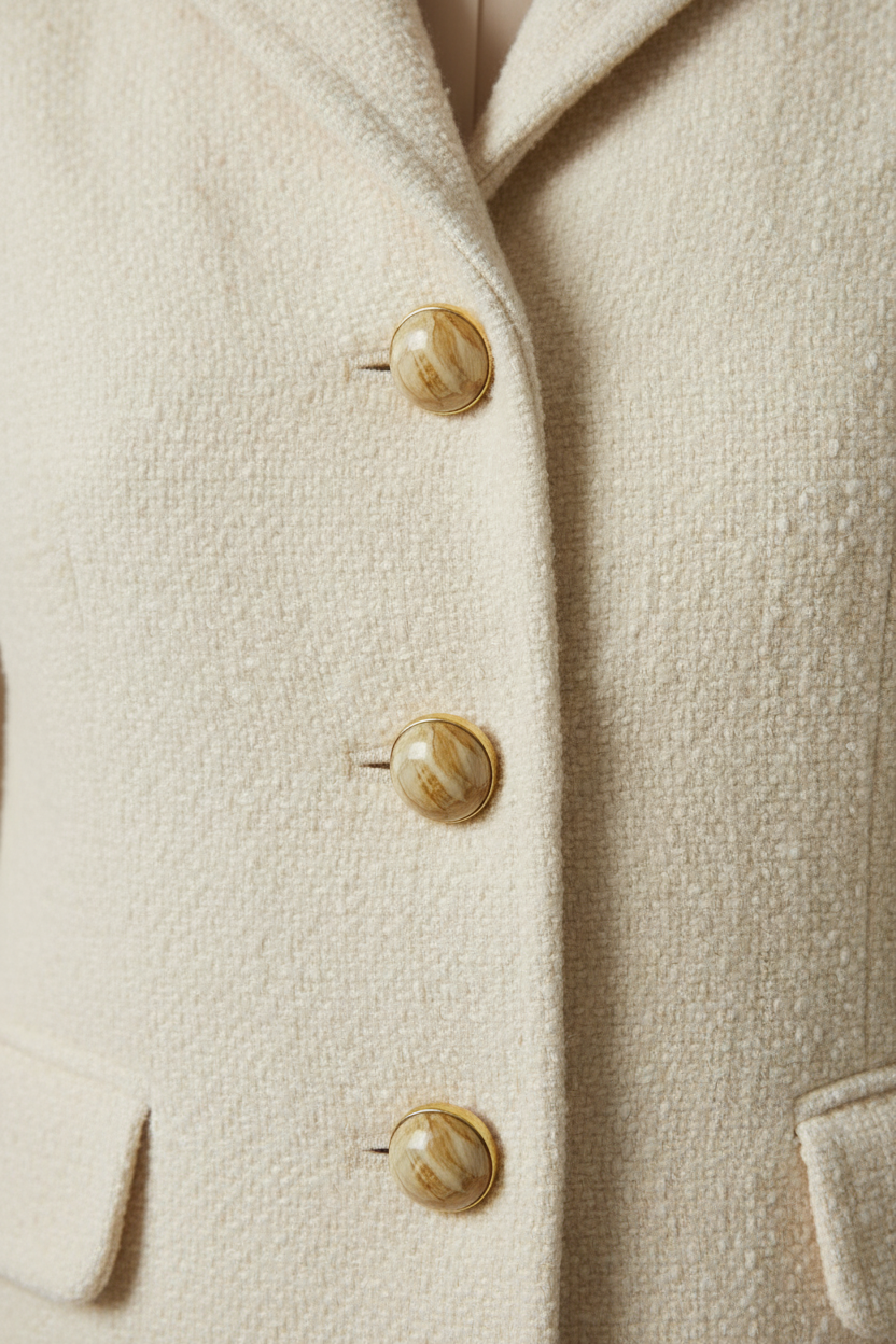 Bouton haute couture dôme marbré or – gros plan sur veste ivoire