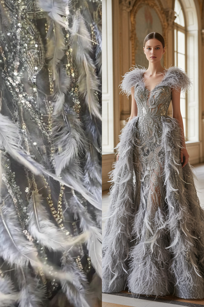 Tulle sequins dorés et grandes plumes grises – composition éditoriale haute couture / Grey feathered sequined tulle – haute couture editorial