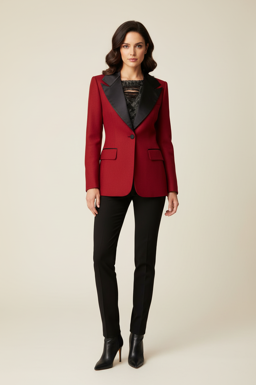 Col châle satin noir sur tailleur rouge - style haute couture