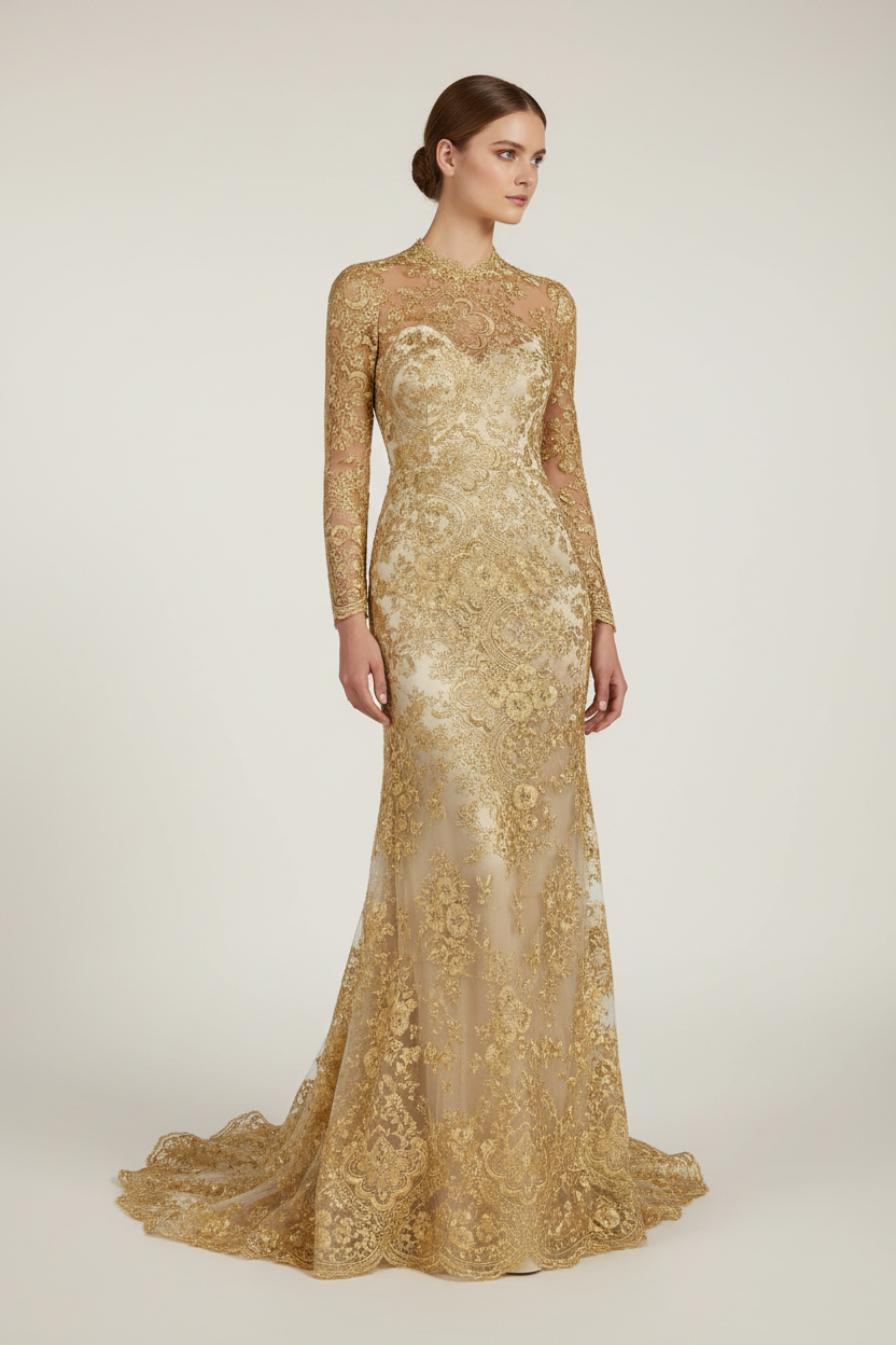 Robe de soirée en dentelle brodée dorée or - filigrane scintillant haute couture