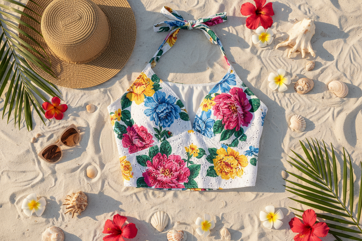 Haut de plage broderie anglaise fleurie 100% coton – flat lay sable blanc lumière dorée