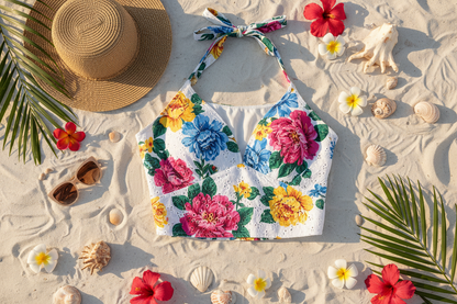 Haut de plage broderie anglaise fleurie 100% coton – flat lay sable blanc lumière dorée