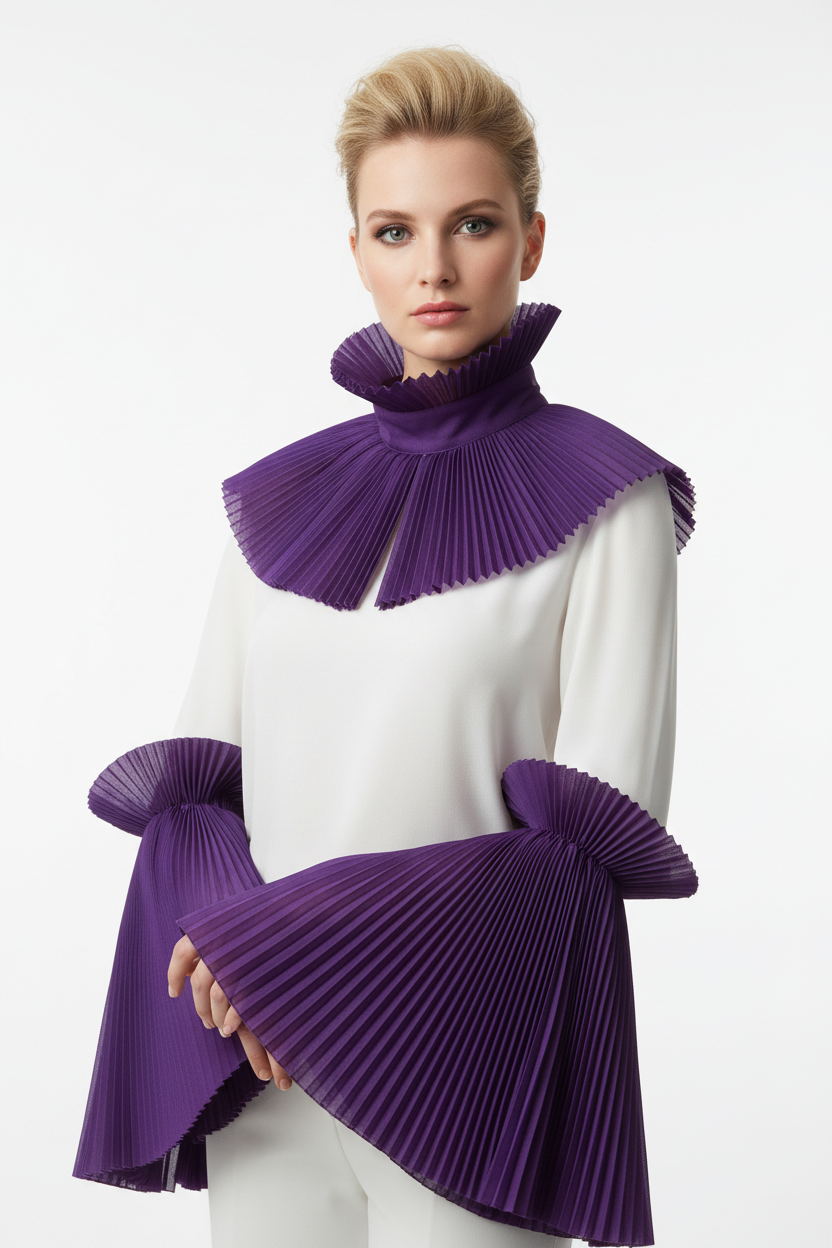 Chemisier blanc customisé avec ruban mousseline plissé violet 12cm