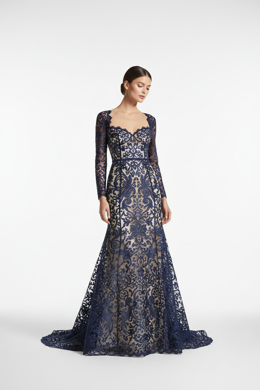 Robe de soirée en dentelle brodée bleu marine - création haute couture élégante