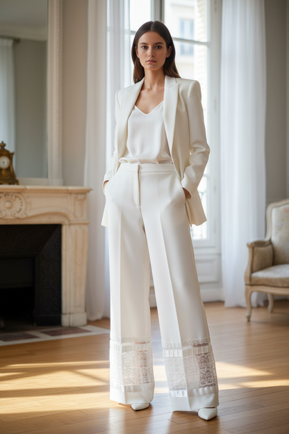 Pantalon large avec bande plissée organza blanc dentelle 6 cm — Wide-leg trousers with 6 cm white pleated organza lace trim