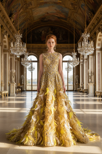 Mannequin rousse en robe haute couture perlage et plumes jaunes – château français