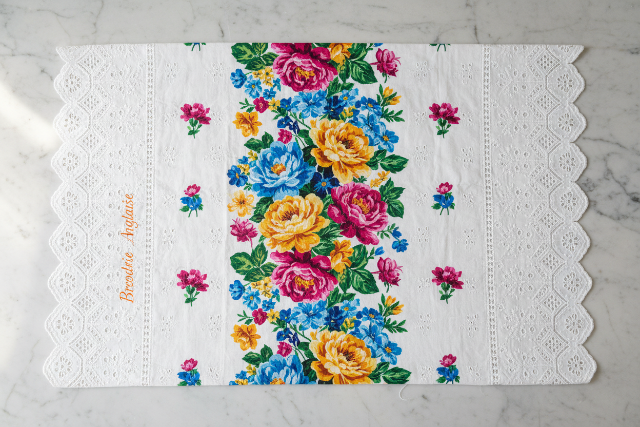 Tissu broderie anglaise fleurie – flat lay sur marbre blanc
