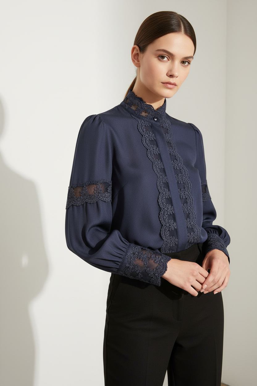 Top avec dentelle brodée bleu marine sur tulle 7cm - galon élégant