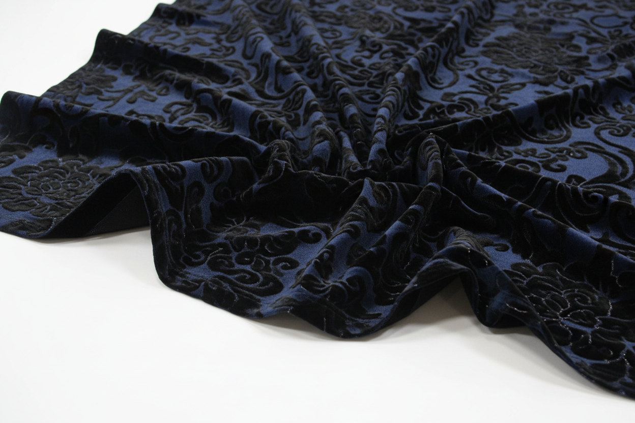 Velours imprimé noir et bleu marine 145 cm motif floral jacquard - Tissu haute couture luxe
