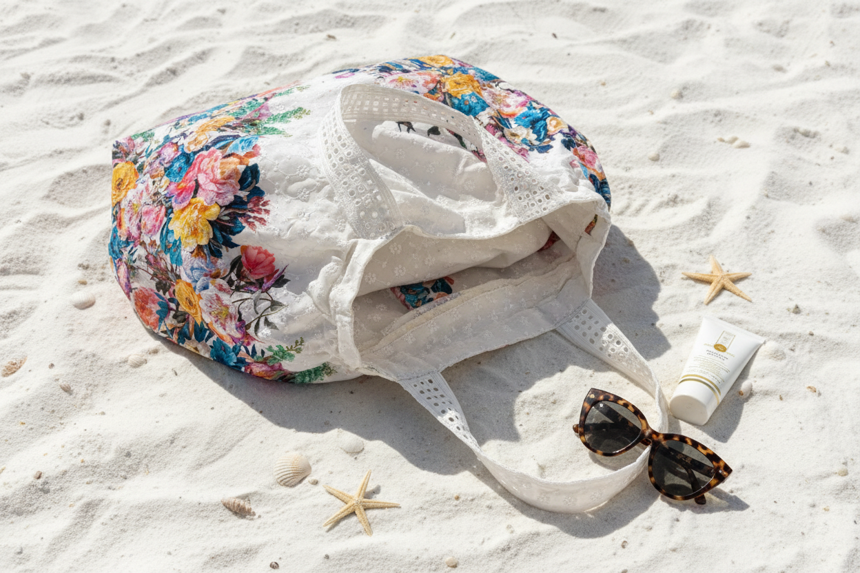 Idée réalisation : sac de plage en broderie anglaise fleurie 100% coton – style été