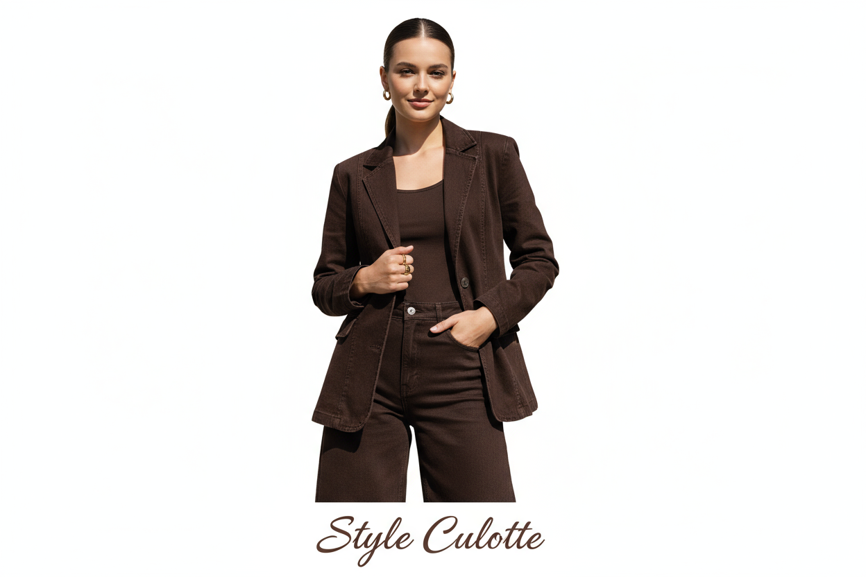 Style Culotte - Pantalon court large en jean marron foncé