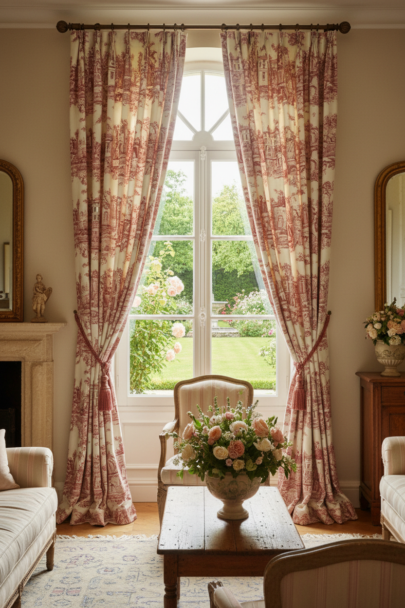 Rideaux élégants en Toile de Jouy rouge