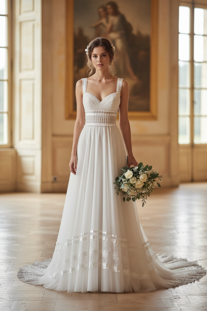 Robe de mariée ornée de bande plissée organza blanc dentelle satin 6 cm — Bridal gown with 6 cm white pleated organza lace trim